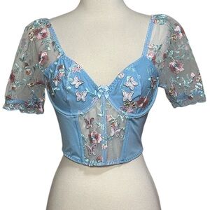 3D Butterfly Floral Embroidered Sheer Blue Mesh Puff Sleeve Bustier Crop size M